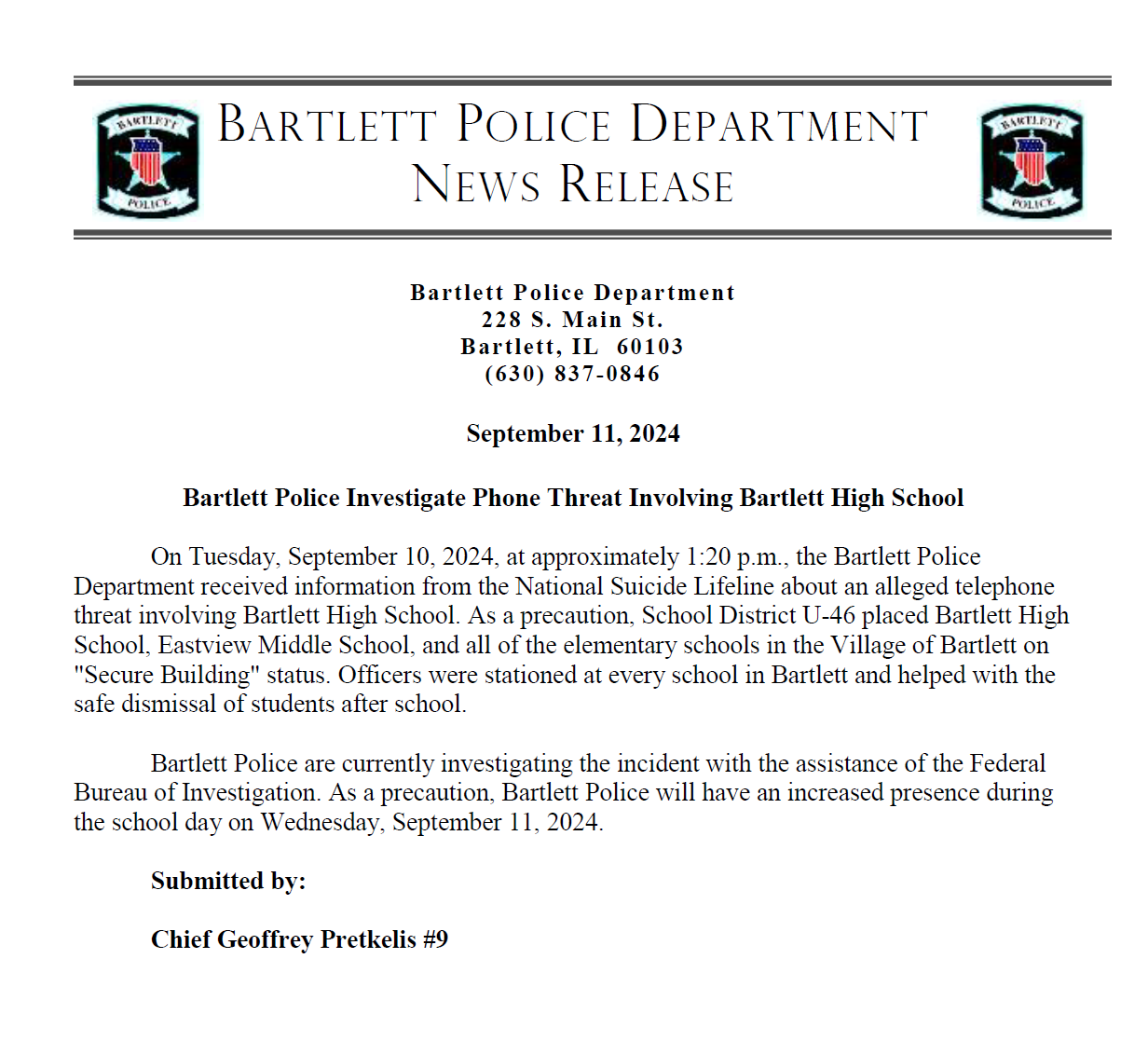 press release from Bartlett Police Department 
